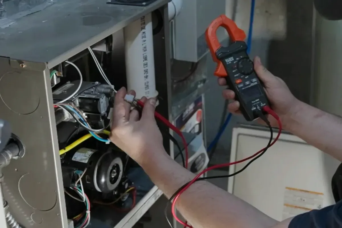 Technician testing a furnace's wiring with a clamp meter