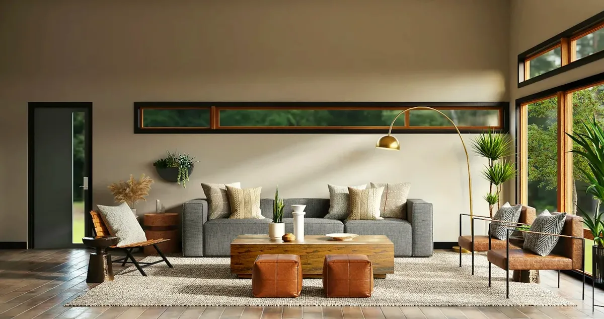 Bright living room with a grey sofa and large windows
